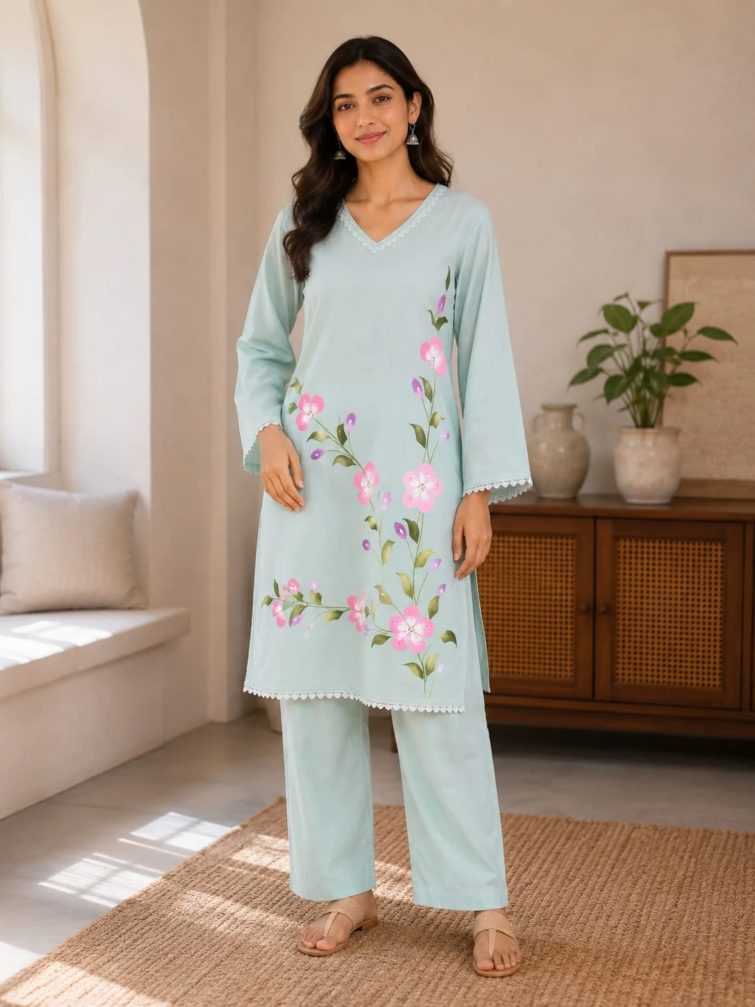 Pearl-Detail Floral Cotton Ensemble — other