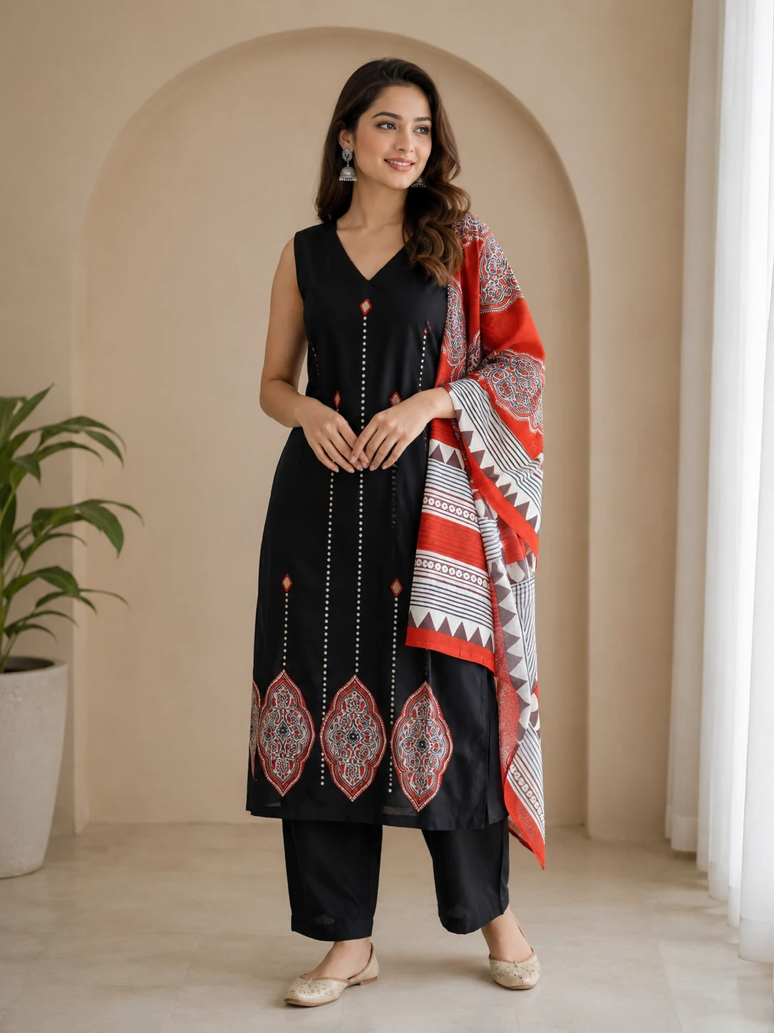 Classic Black & Crimson Red A-Line Suit Set — other