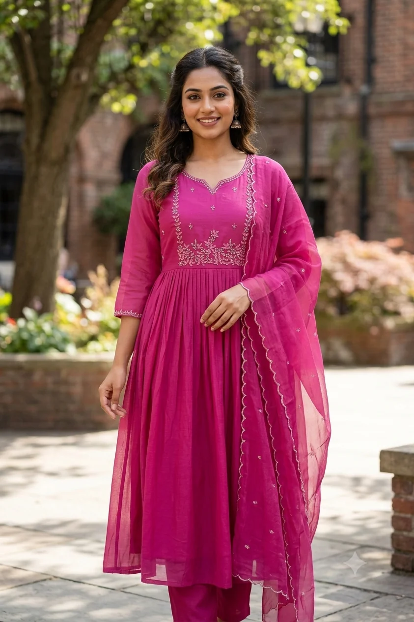 Silver Threadwork Mul Chanderi Anarkali Set — Rani Pink full length