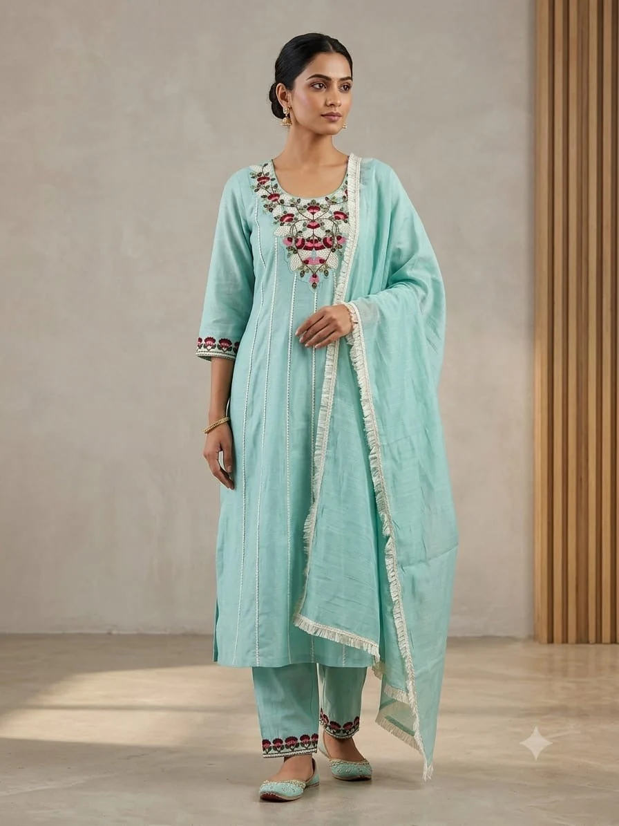 Seafoam Floral Neckline Mul Chanderi Suit — front