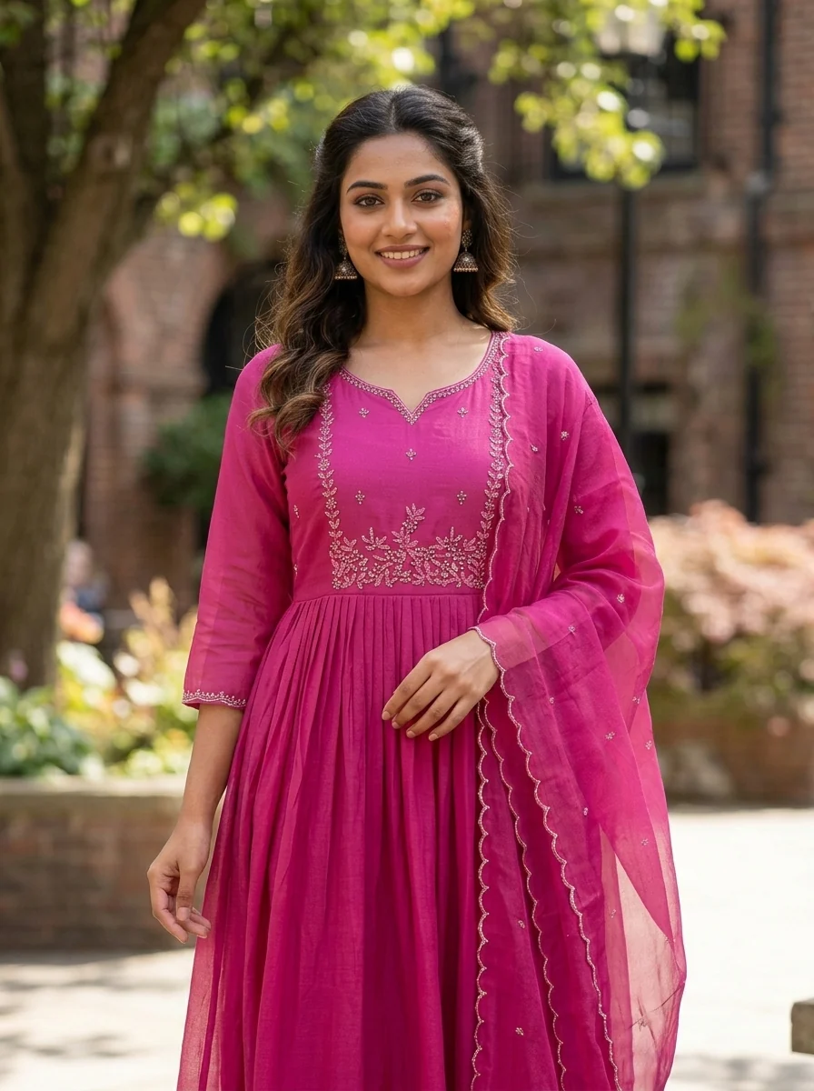 Silver Threadwork Mul Chanderi Anarkali Set — Rani Pink front
