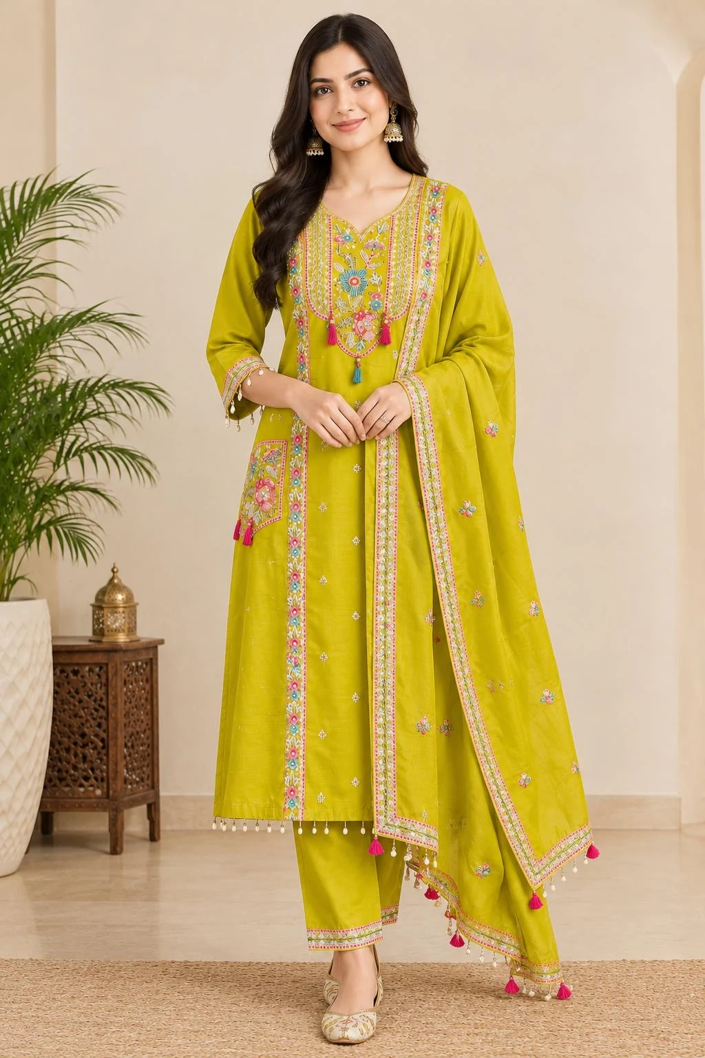 Tassel & Patch Pocket Mul Chanderi A-Line Set — front