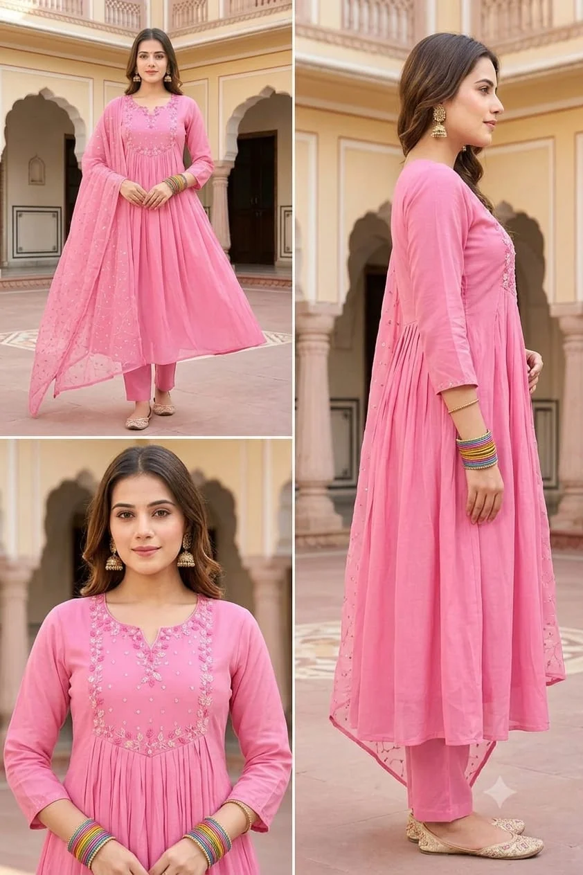 Knife Pleated Sequin Yoke Anarkali Set — Candy Pink all views
