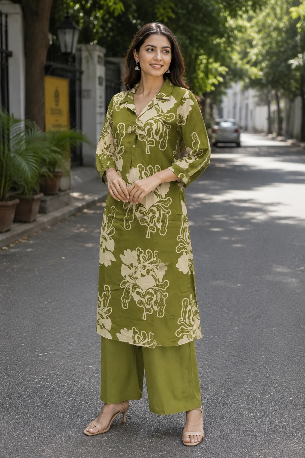 Tasselled Collar Digital Print A-Line Dress — front