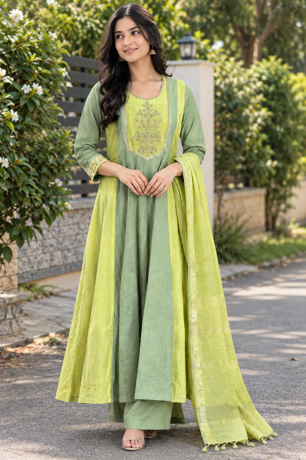 Two-Tone Sequin Yoke Mul Chanderi Anarkali Set — front