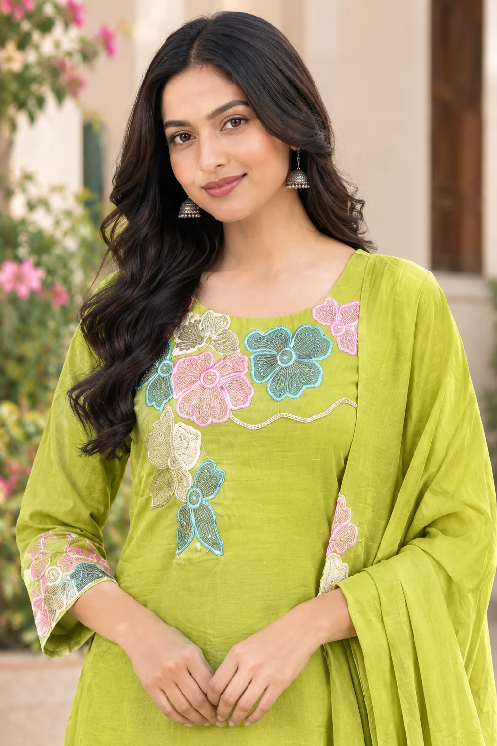 Floral Embroidered Mul Chanderi Palazzo Suit — close-up