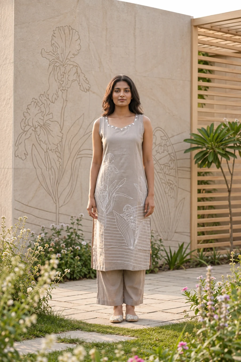 Square-Neck White Print Cotton Set — front