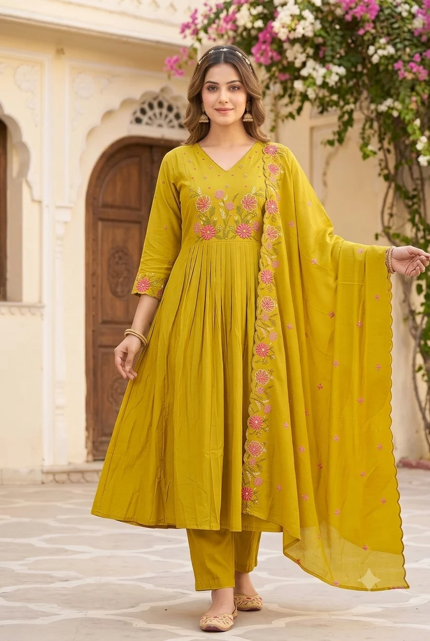 Scalloped Border Resham Anarkali Set — Mustard Yellow front