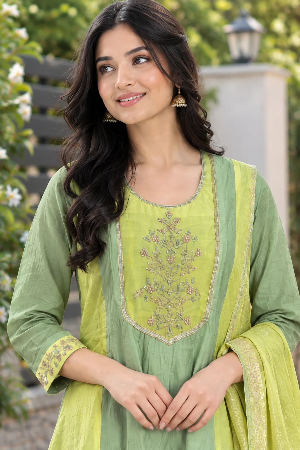 Two-Tone Sequin Yoke Mul Chanderi Anarkali Set — close-up