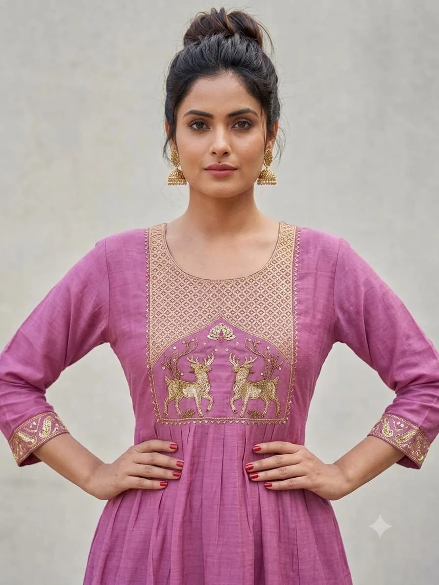 Deer Motif Embroidered Anarkali Set — Orchid Purple close-up