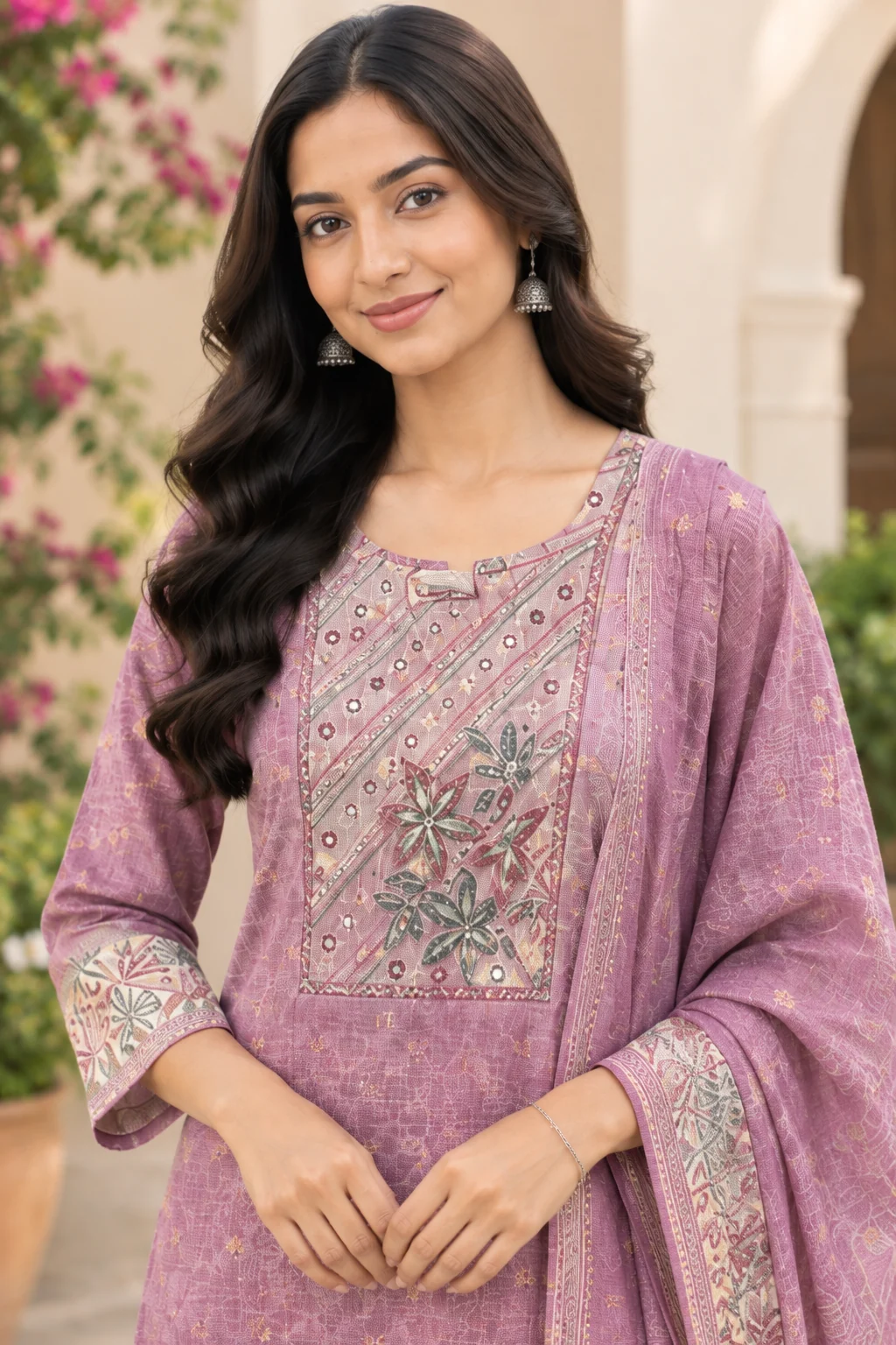 Botanical Border Kota Doria Straight Set — Dusty Lilac close-up