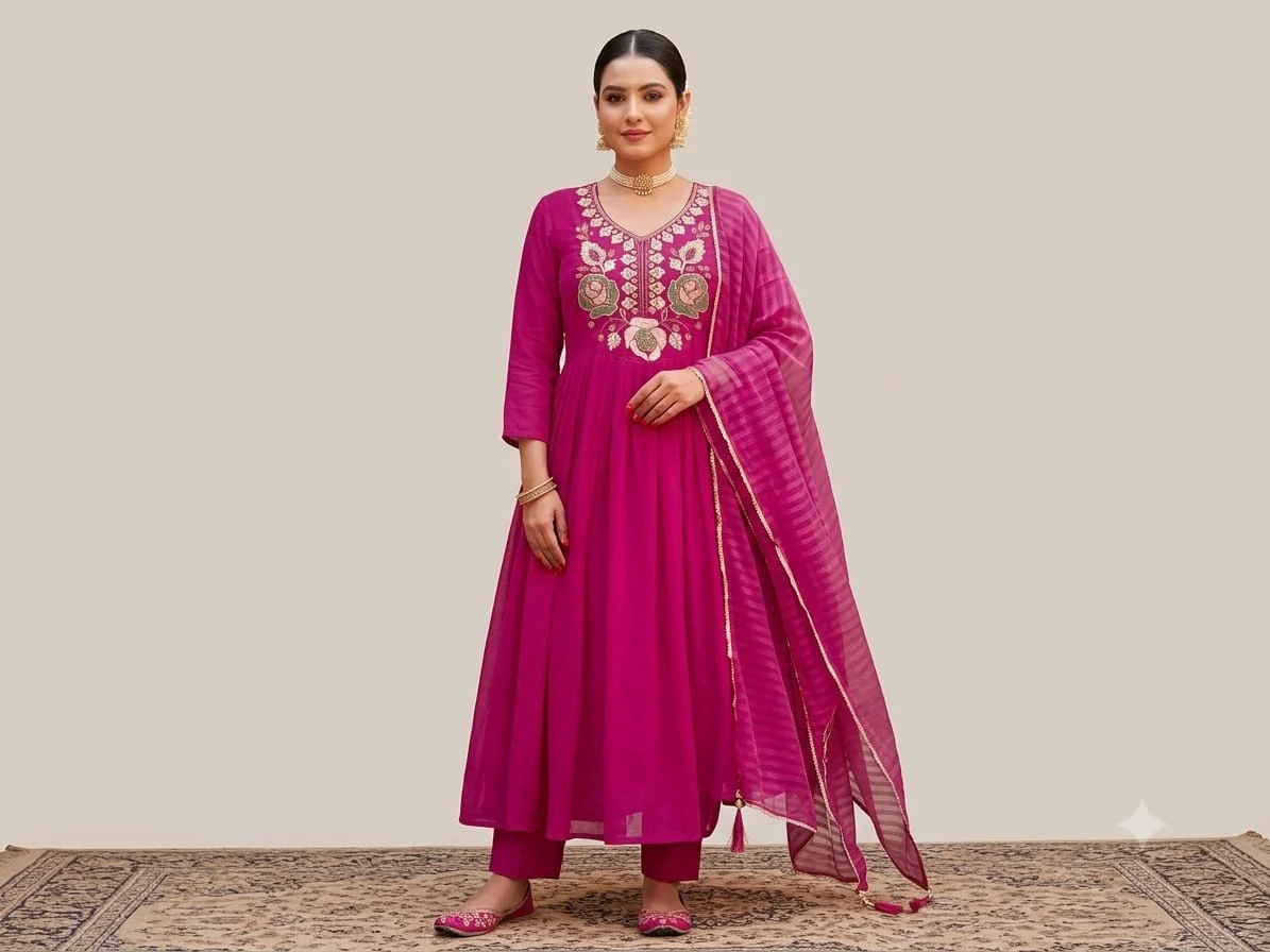 Rose Embroidered Flared Anarkali Set — Magenta front
