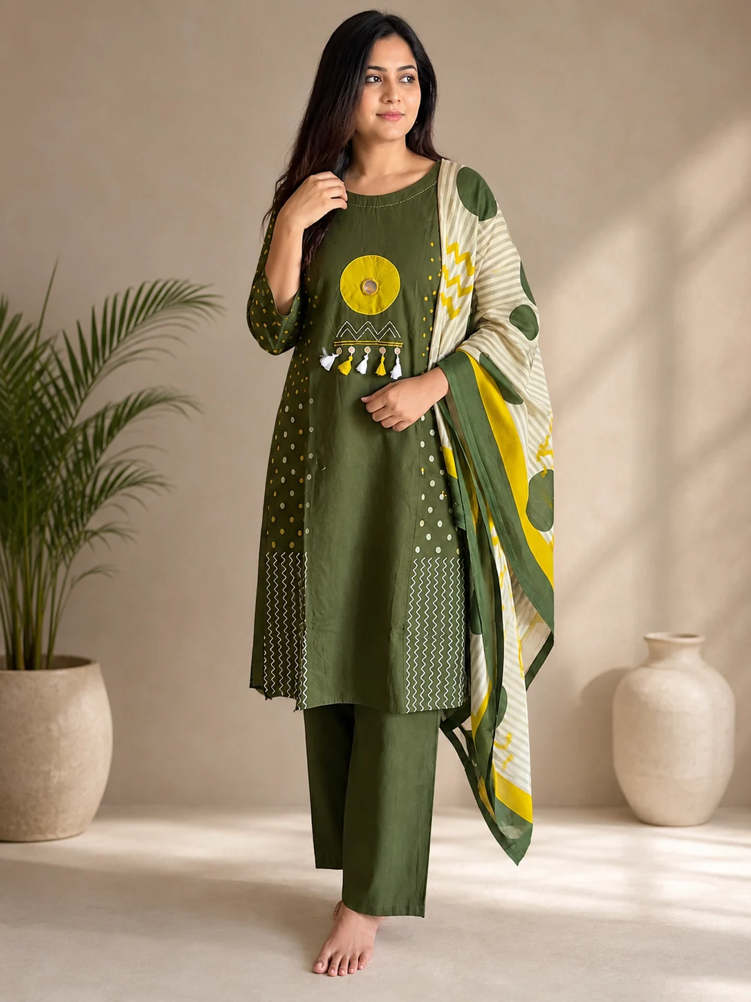 Olive Green & Mustard Yellow Straight Suit Set — front