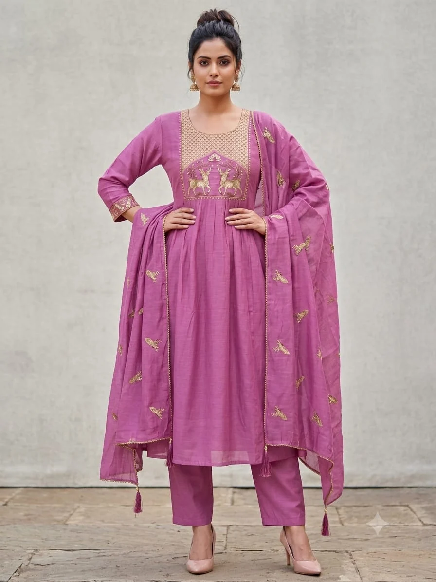 Deer Motif Embroidered Anarkali Set — Orchid Purple front