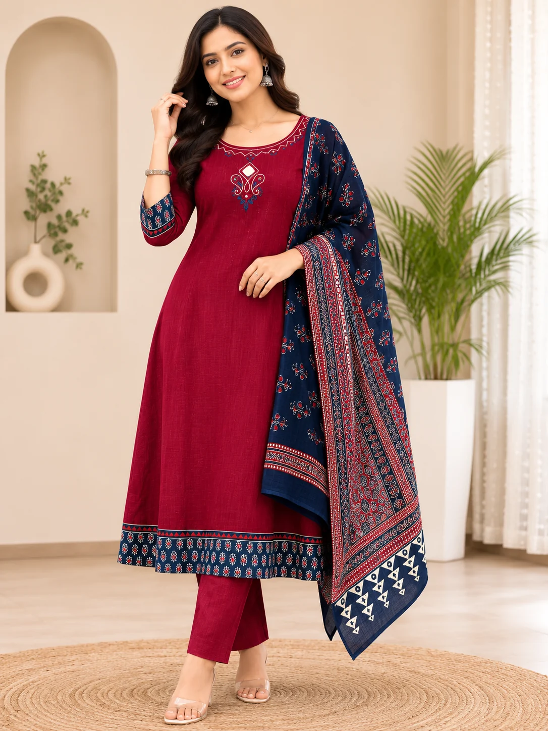 Deep Wine Maroon & Indigo Navy Blue A-Line Suit Set — front