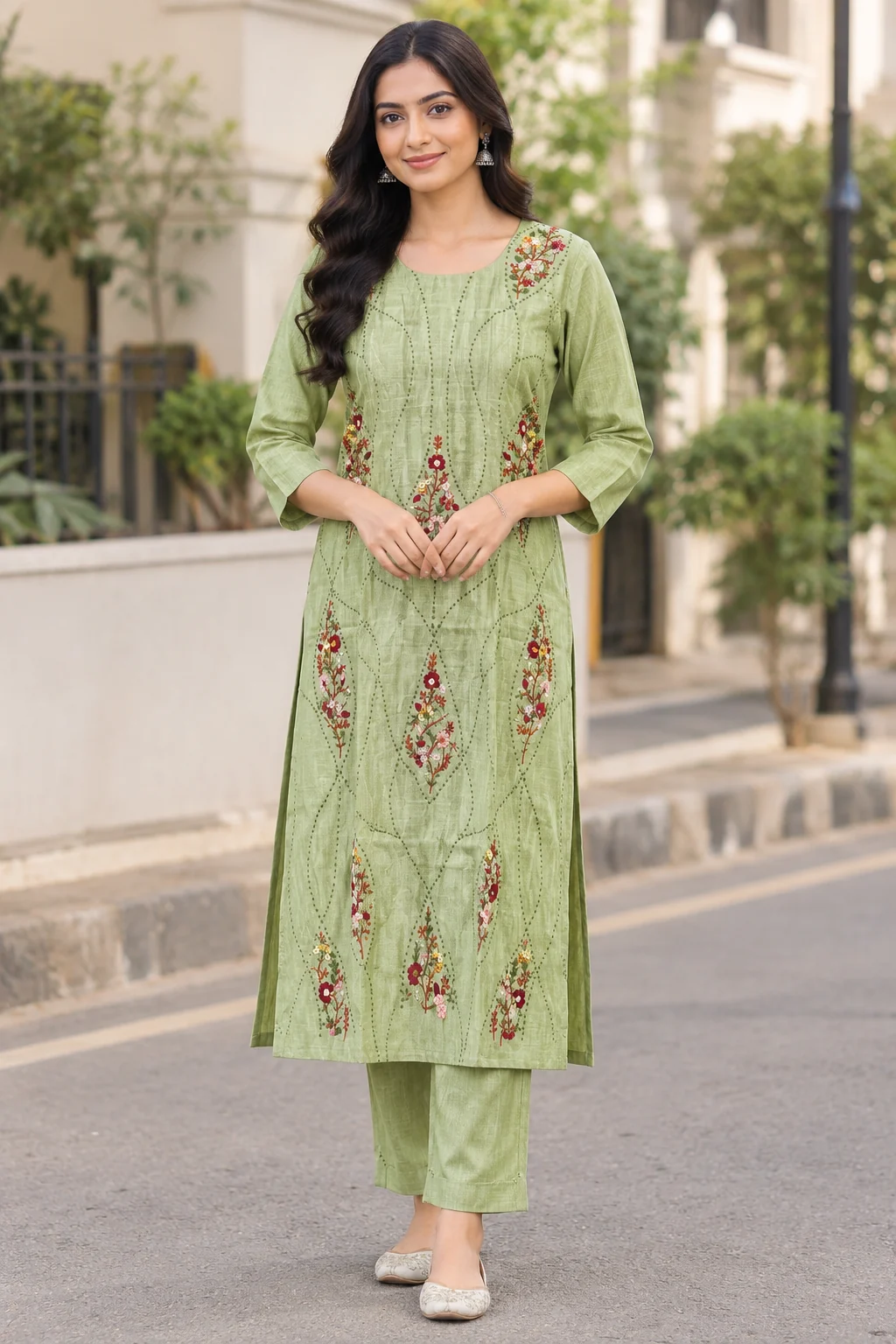 Lattice Stitch Floral Coral Silk Straight Set — Sage Green front