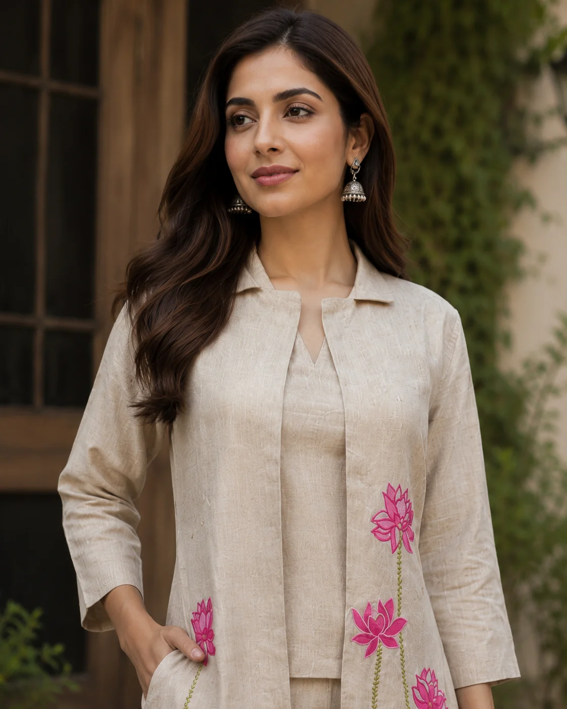 3-Piece Jute Jacket Set with Lotus Thread Work — zoomed