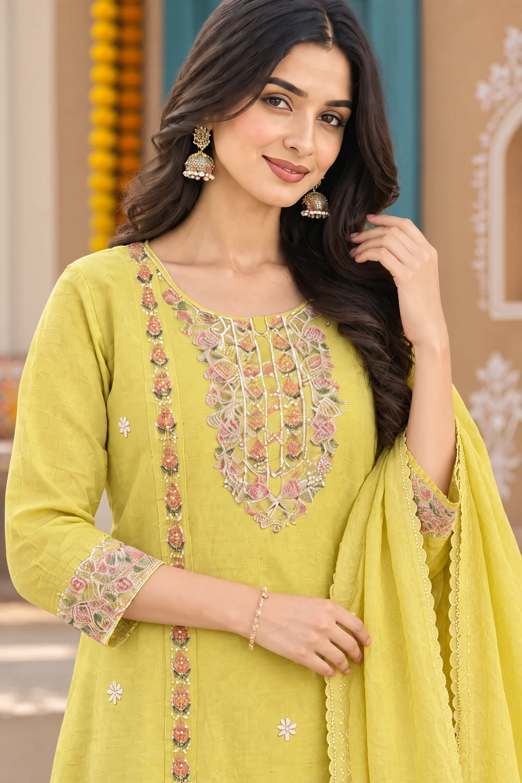 Pastel Floral Coral Silk A-Line Suit — close-up