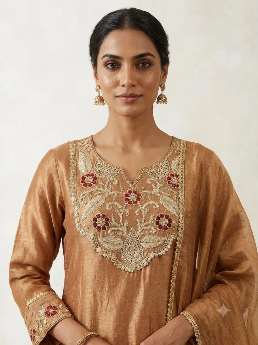 Zardozi Scalloped Yoke Salsa Silk Suit — Caramel close-up