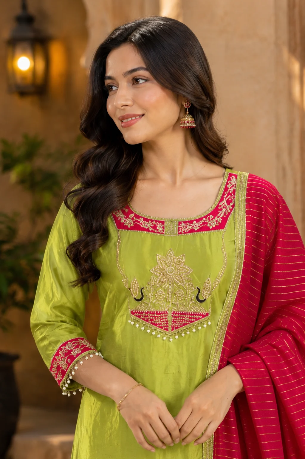 Pearl Drop Contrast Yoke Coral Silk Anarkali Set — Mehendi Green close-up