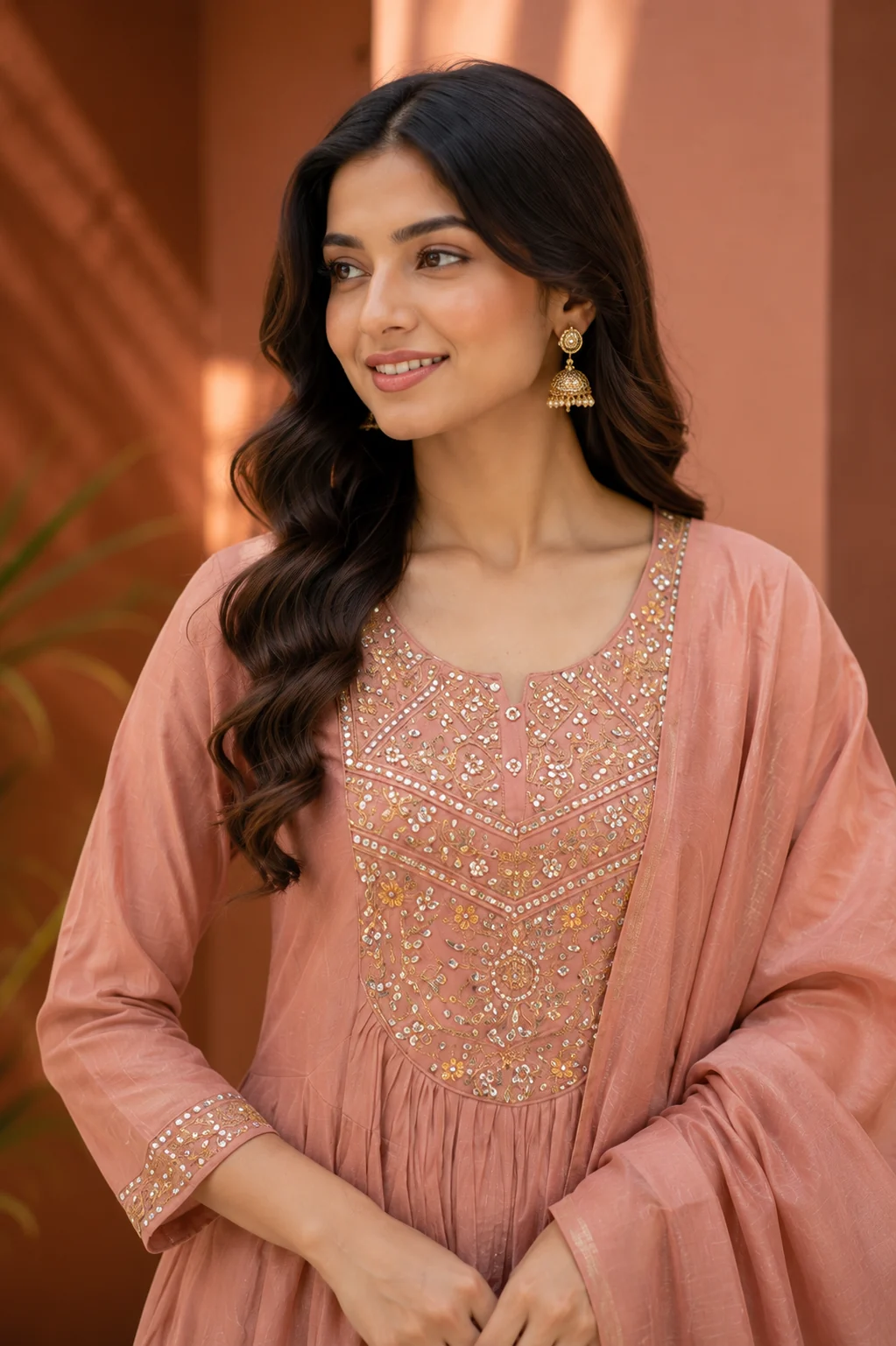 Zari Border Mul Chanderi Anarkali Set — Dusty Rose close-up