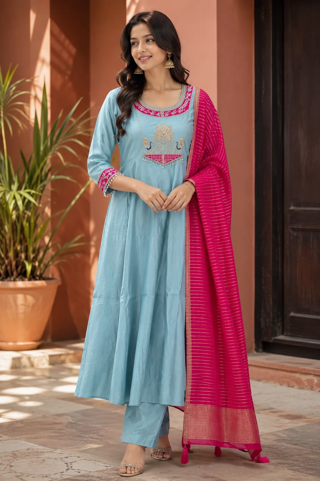 Pearl Drop Contrast Yoke Coral Silk Anarkali Set — Powder Blue front