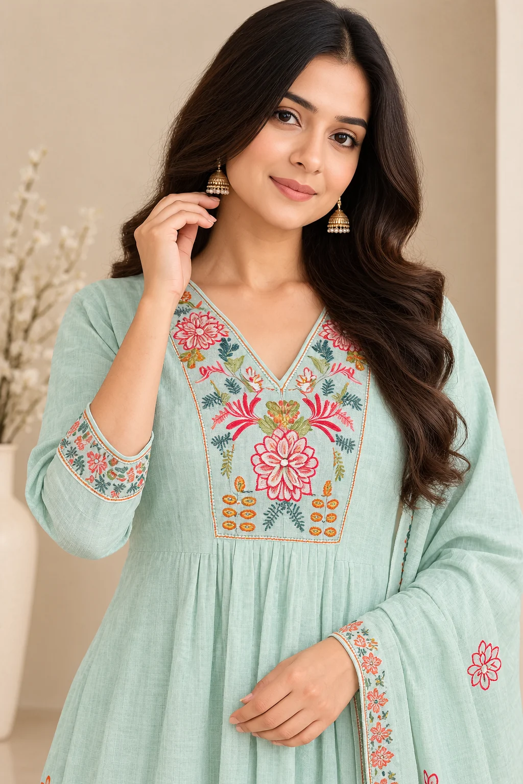 Mirror Work V-Yoke Mul Chanderi A-Line Set — Powder Blue close-up
