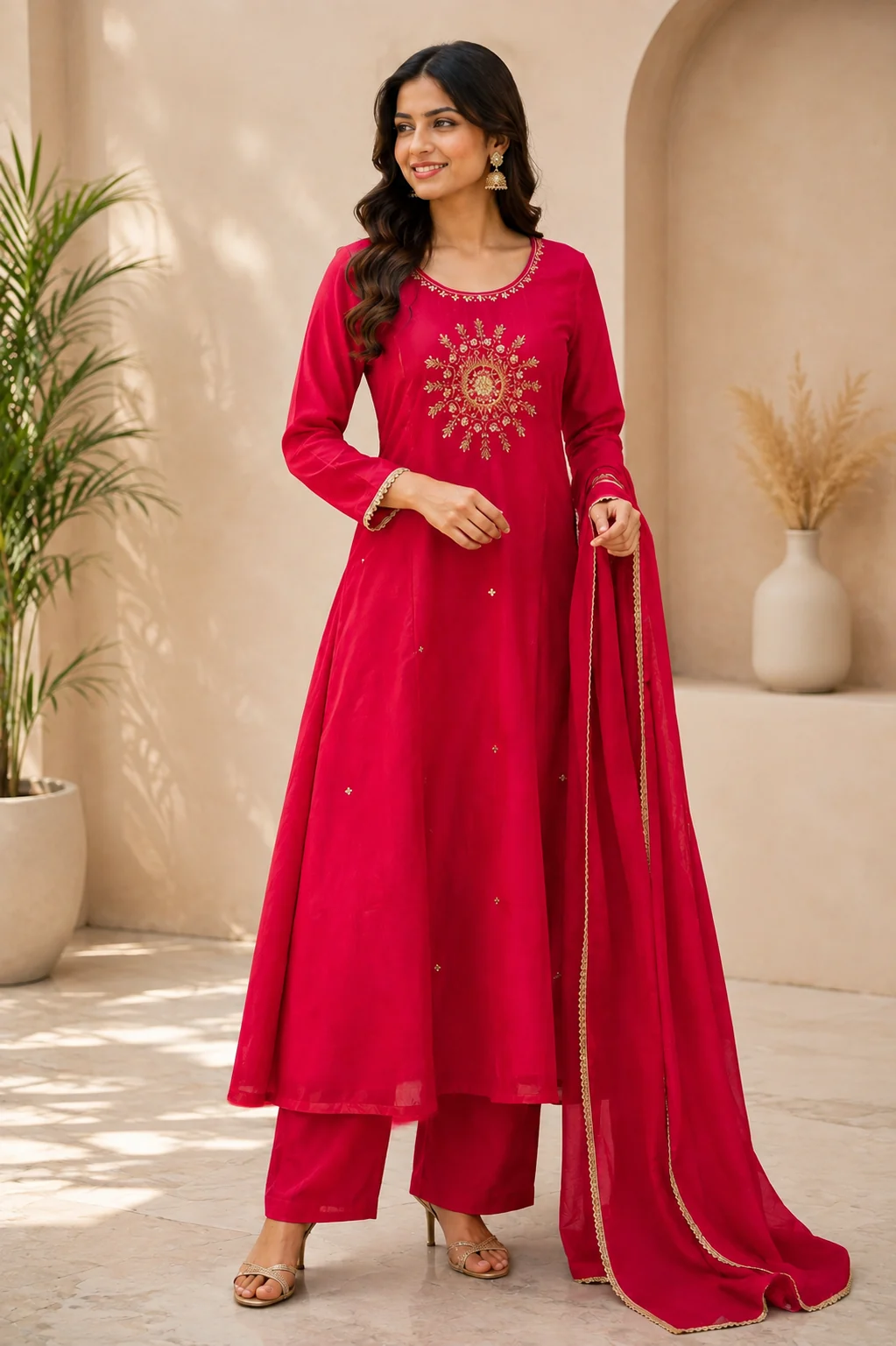 Sunburst Medallion Mul Chanderi A-Line Set — Rani Pink front