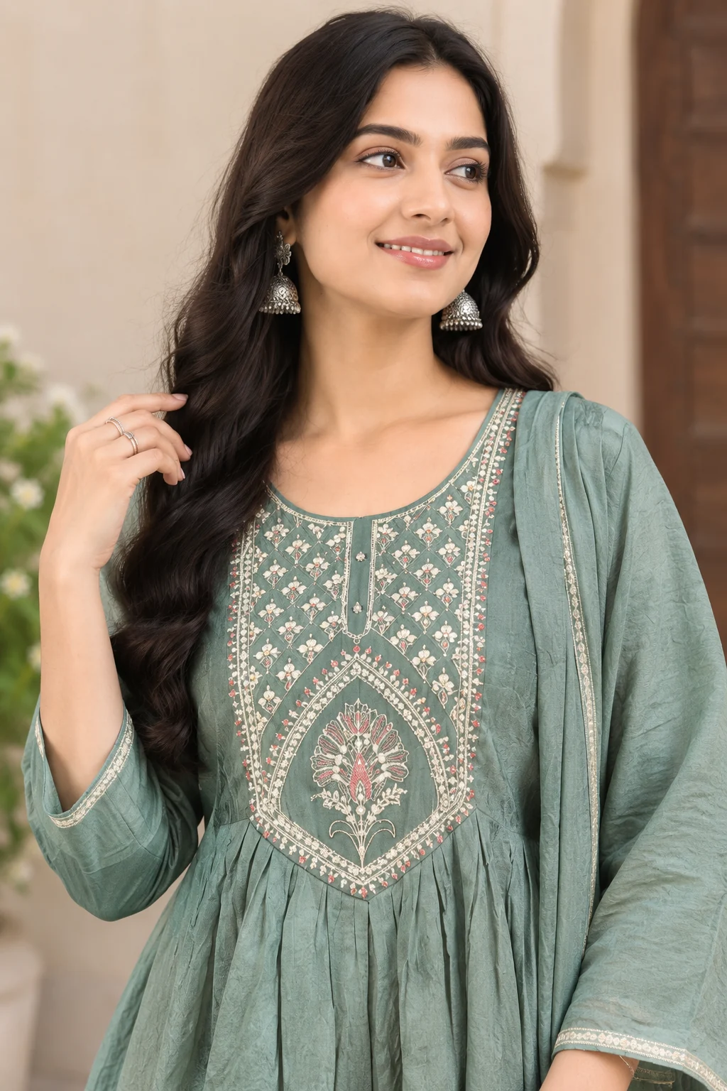 Moss Green Sequin Yoke Coral Silk Anarkali — close-up