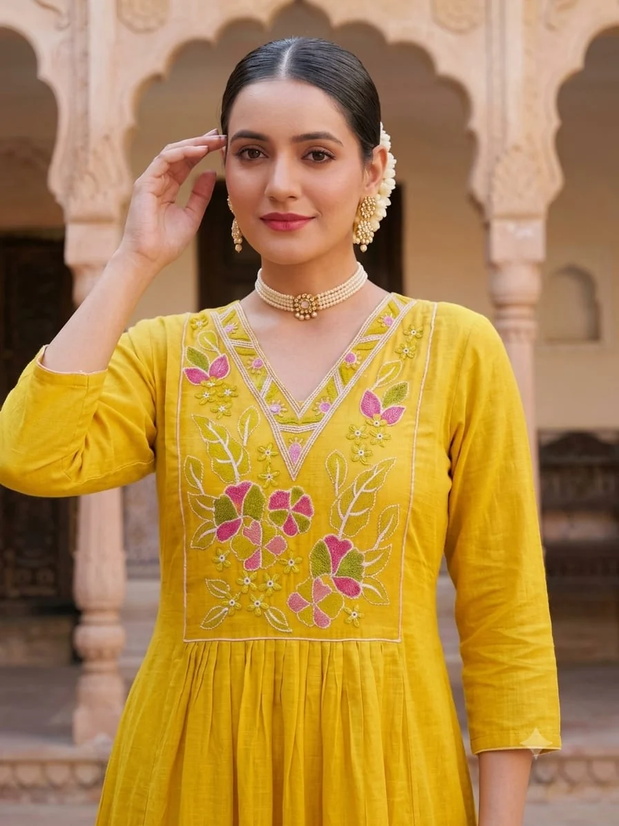 Resham Floral V-Neck Anarkali Set — Marigold Yellow close-up