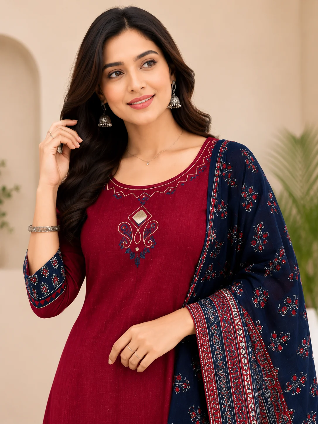 Deep Wine Maroon & Indigo Navy Blue A-Line Suit Set — zoomed