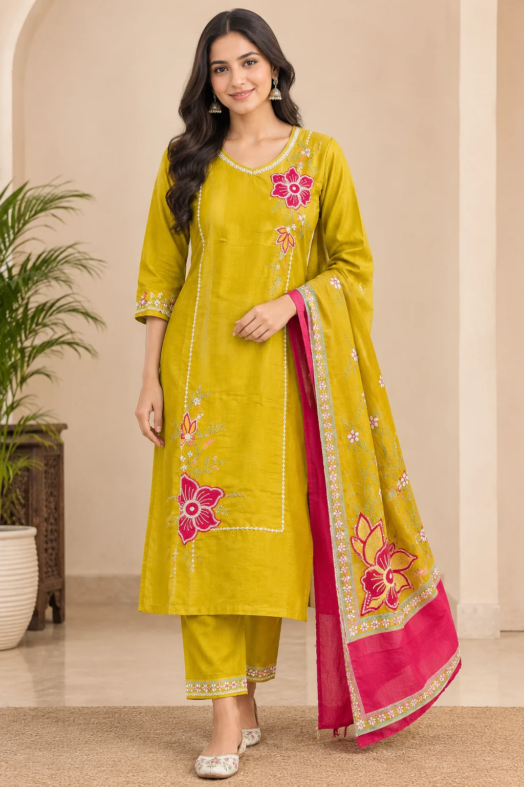 Lace Panel Floral Chanderi Straight Suit — front