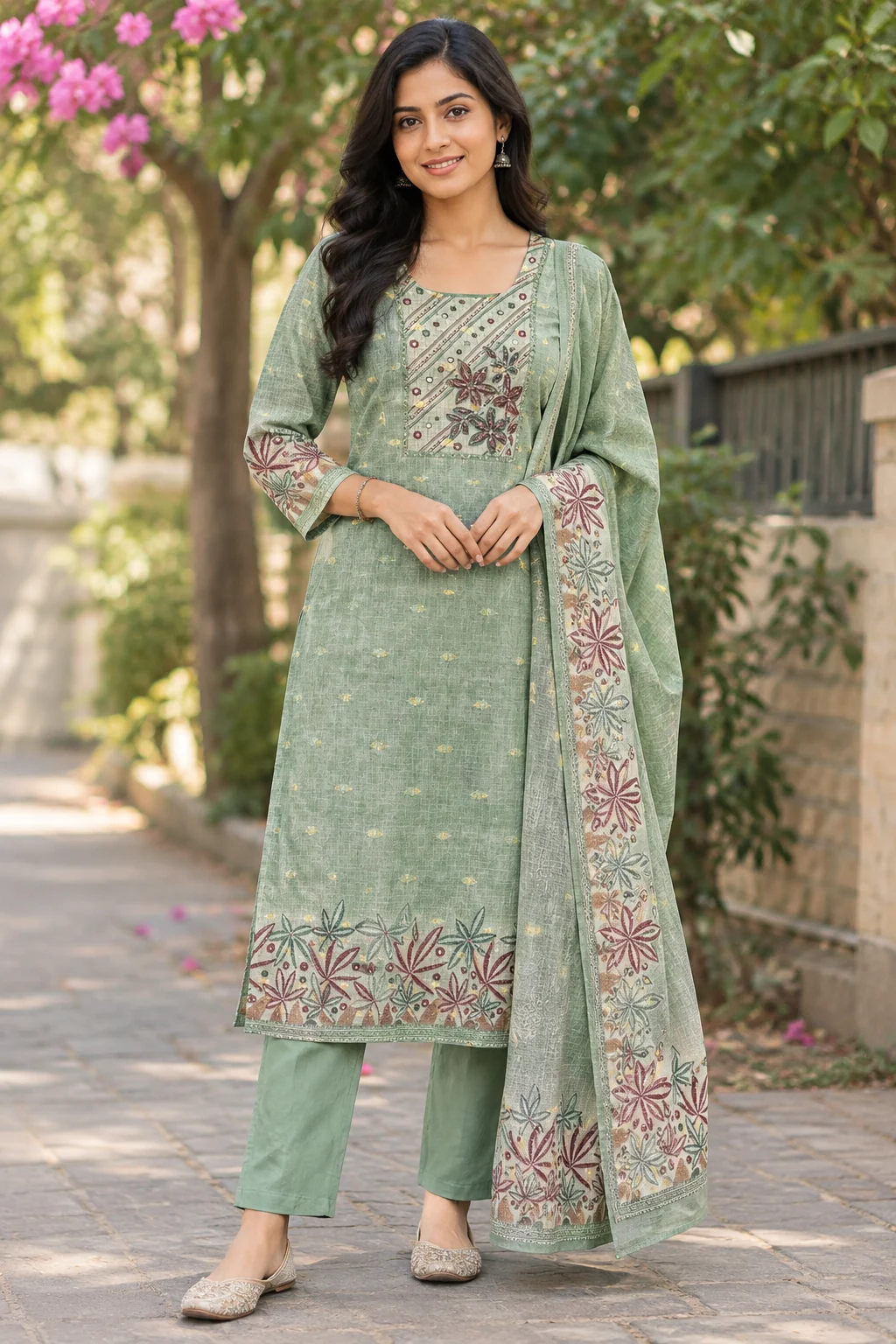 Botanical Border Kota Doria Straight Set — Sage Green front