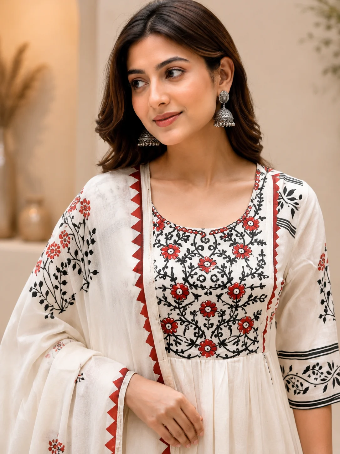 Off-White/Ivory & Crimson Red Anarkali Suit Set — zoomed