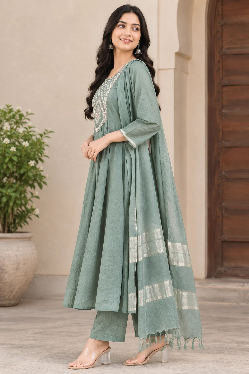Moss Green Sequin Yoke Coral Silk Anarkali — side