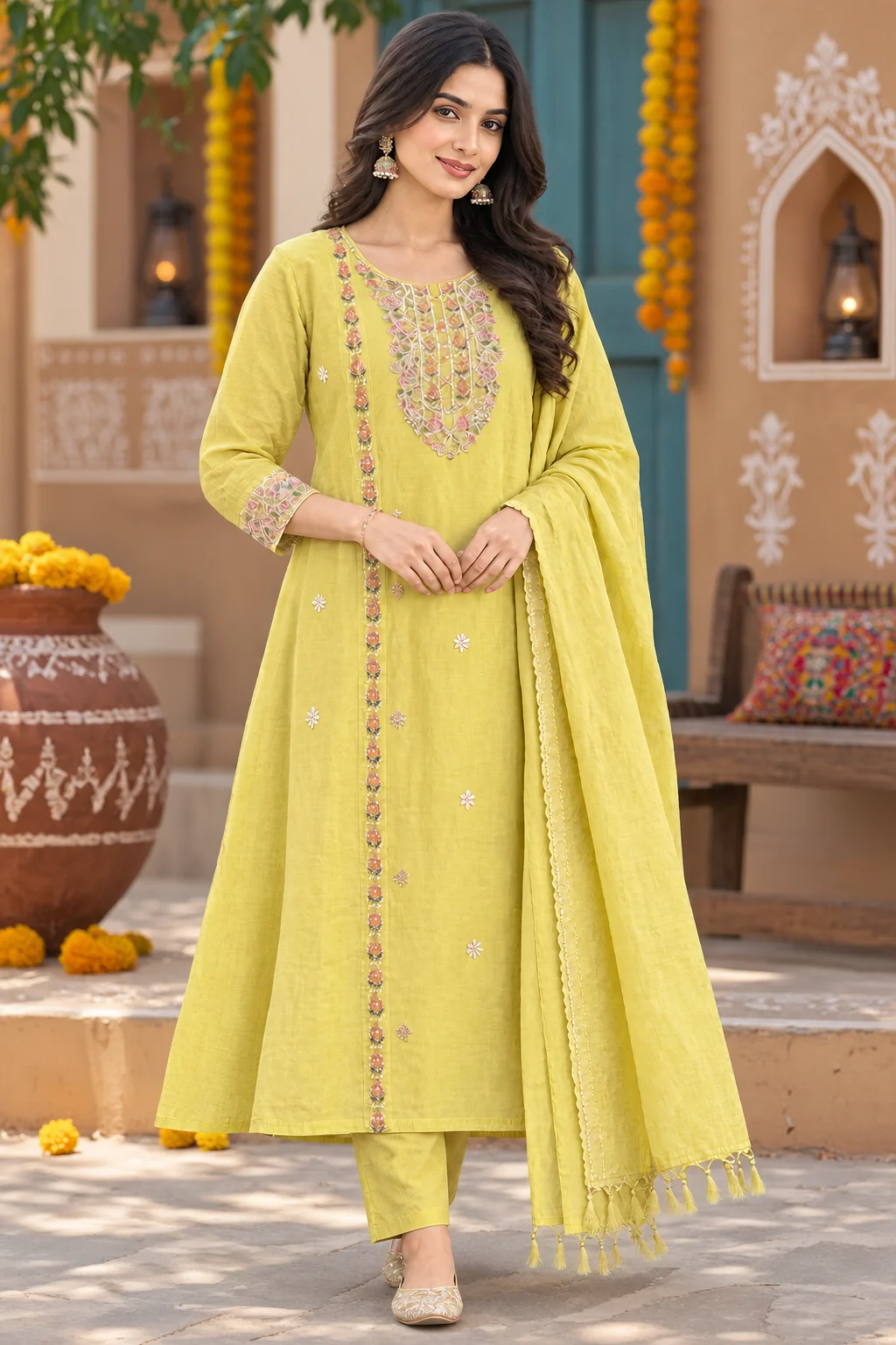 Pastel Floral Coral Silk A-Line Suit — front