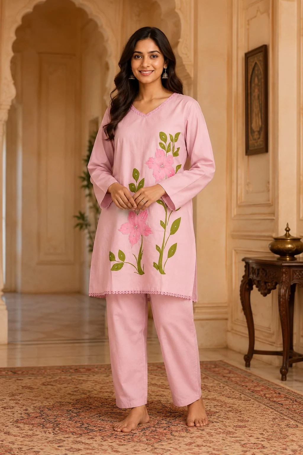 Sequined & Pearl Floral Cotton Suit — front