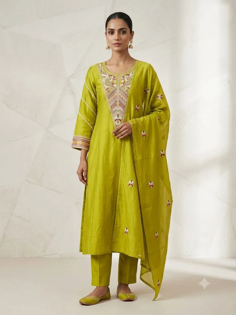Geometric V-Yoke Mul Chanderi Straight Suit — front