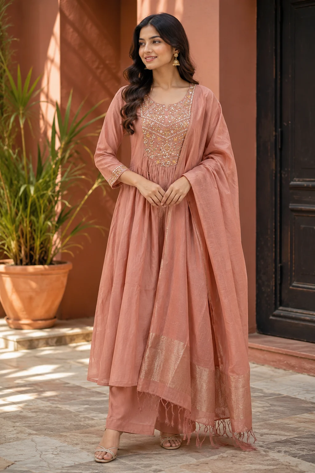 Zari Border Mul Chanderi Anarkali Set — Dusty Rose front