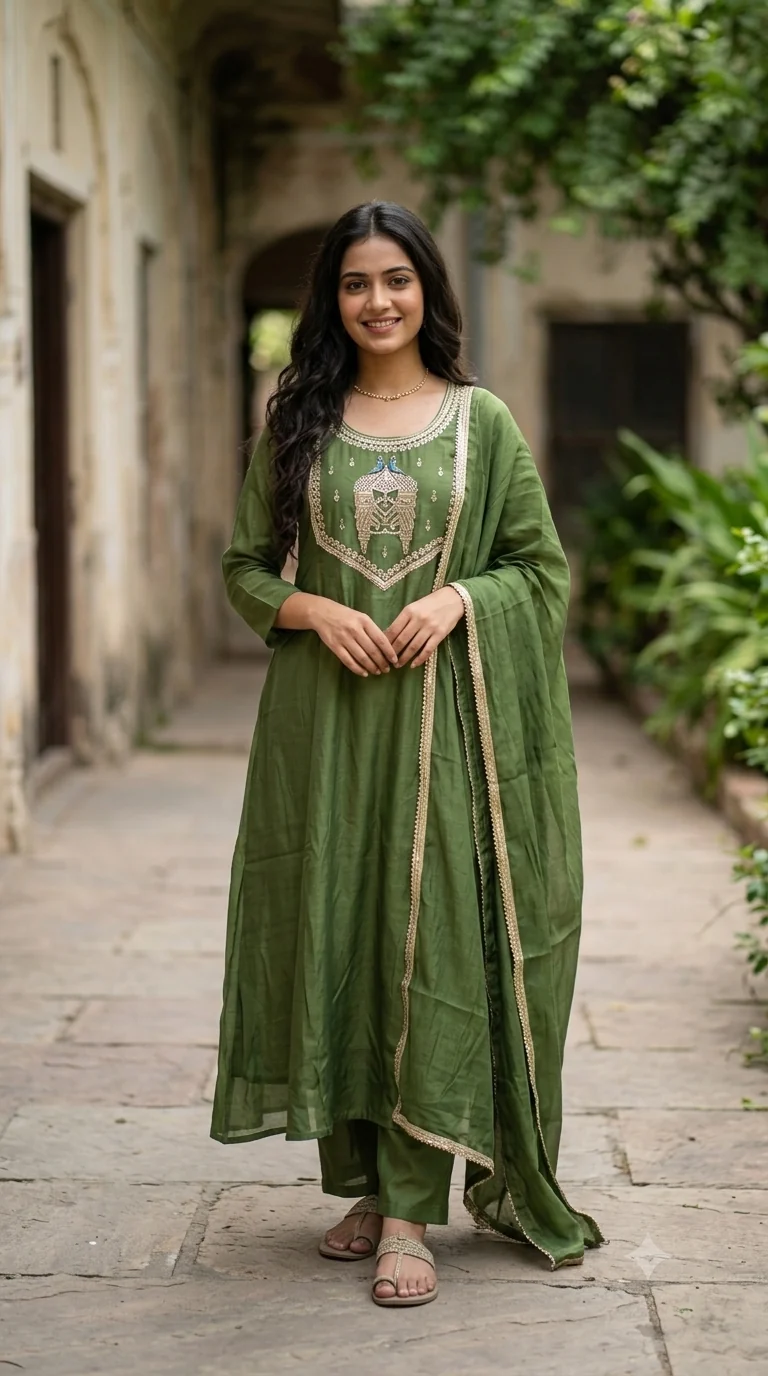 Peacock Yoke Mul Chanderi A-Line Suit — front