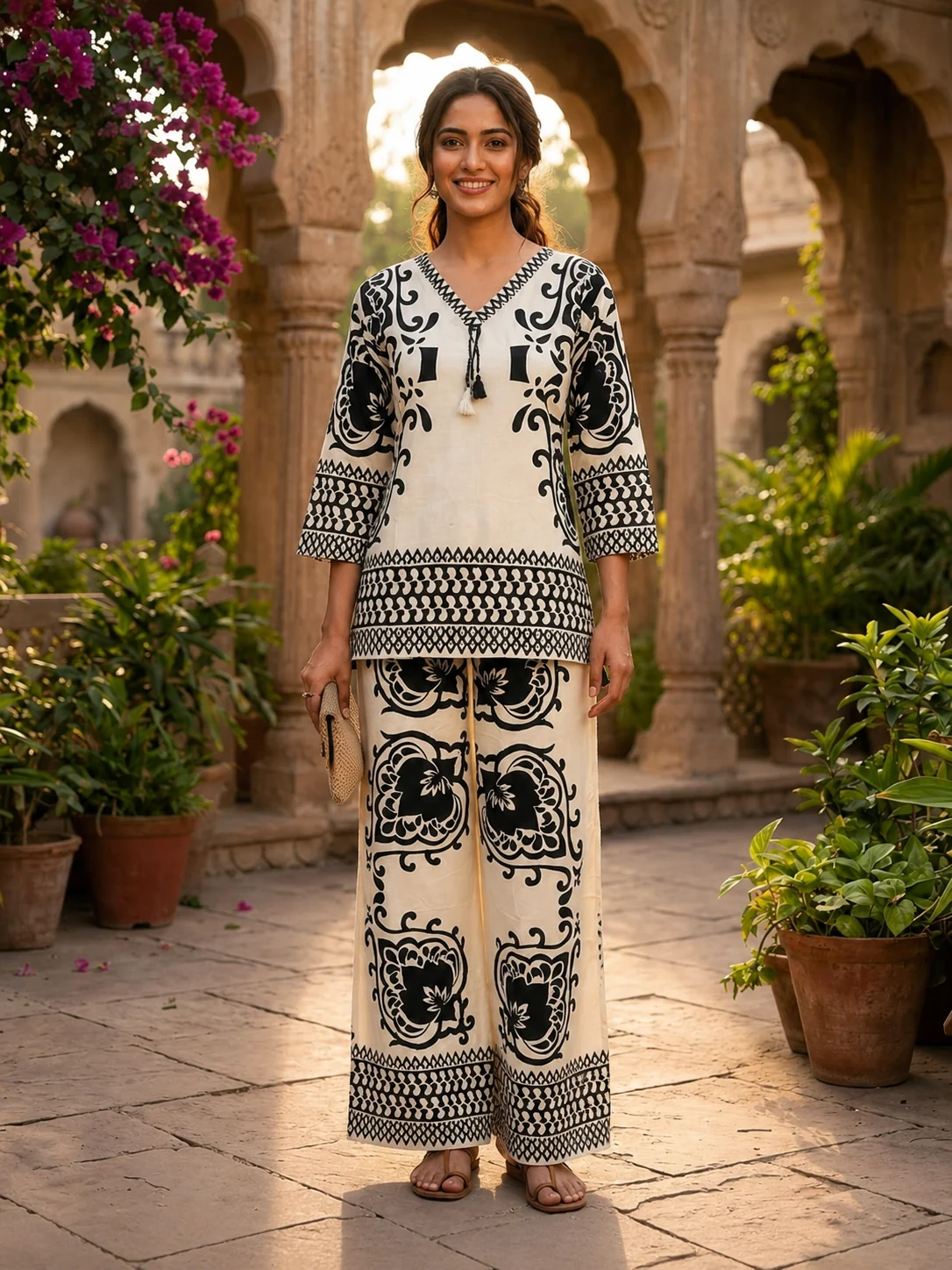 Short Top & Printed Plazo Set — front
