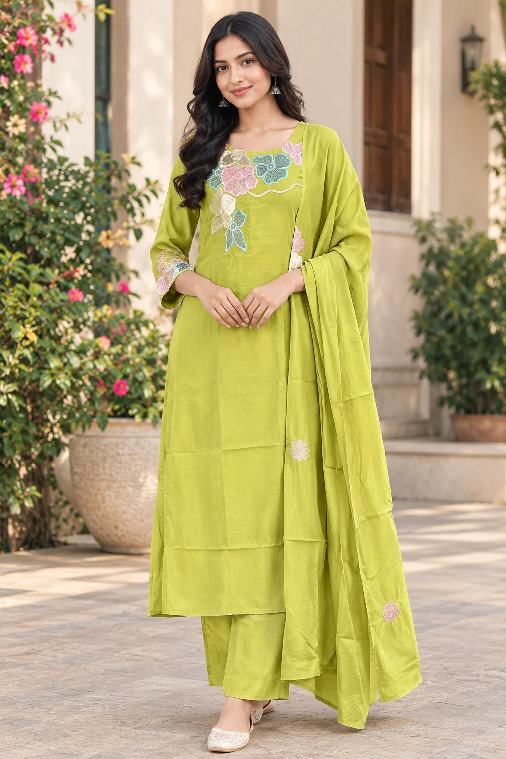 Floral Embroidered Mul Chanderi Palazzo Suit — front