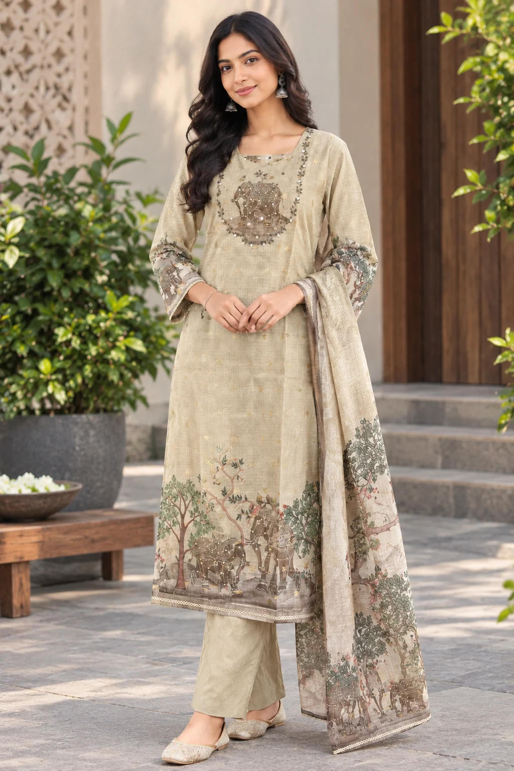 Pichwai Elephant Motif Kota Doria Suit — front
