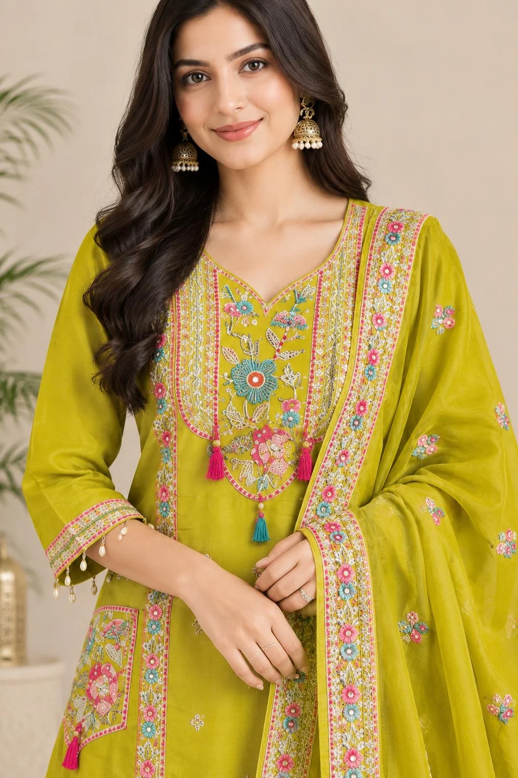 Tassel & Patch Pocket Mul Chanderi A-Line Set — close-up