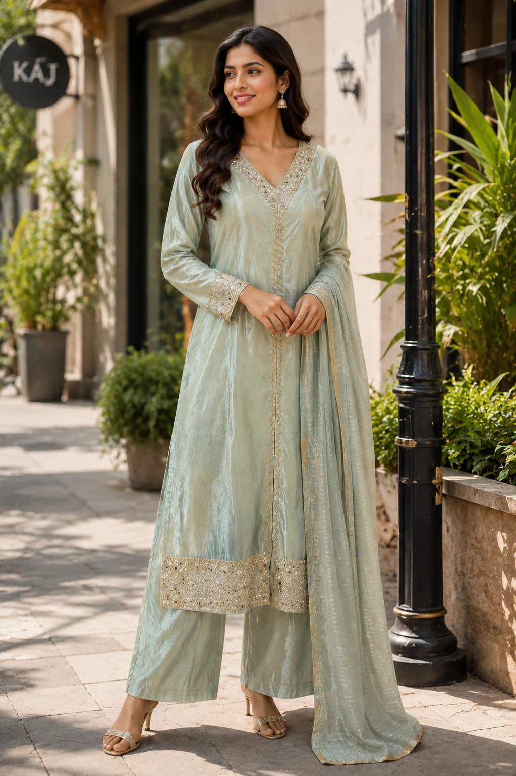 Ice Mint Gota Patti Shimmer Palazzo Suit — front