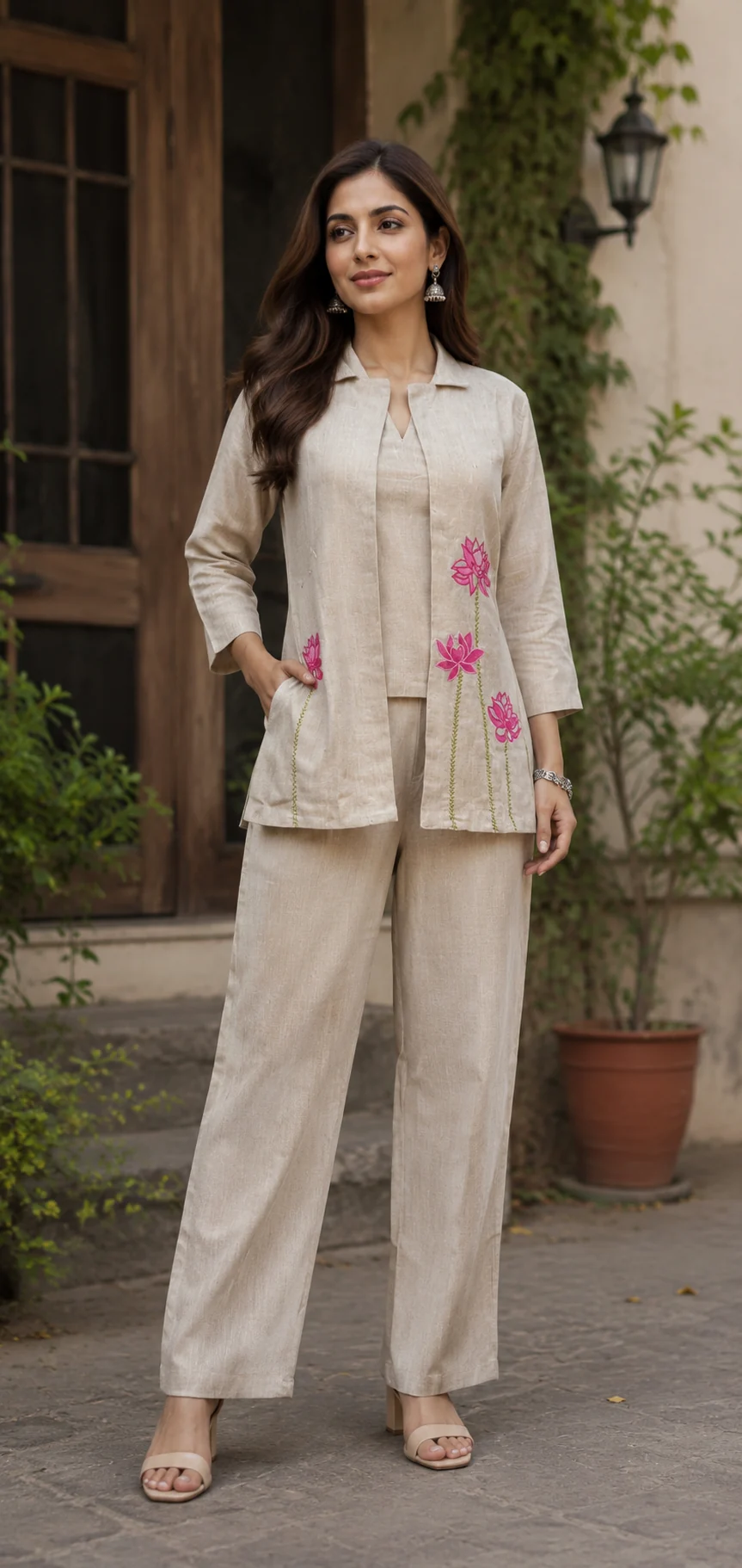 3-Piece Jute Jacket Set with Lotus Thread Work — front