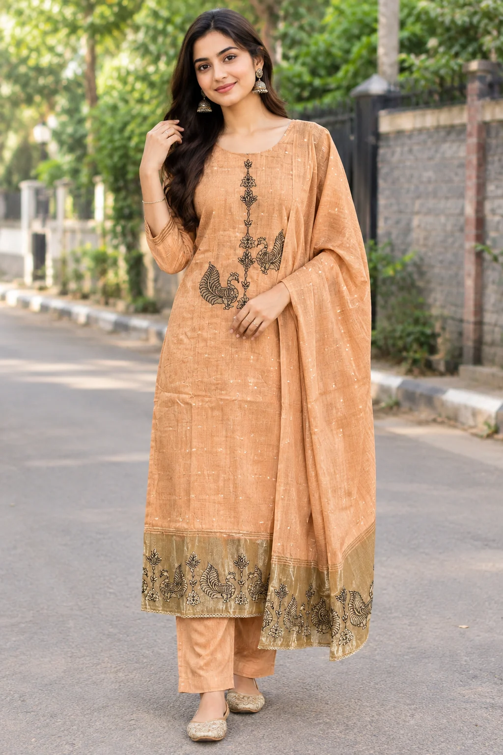 Peacock Motif Banarasi Cotton Silk Suit — Peach front