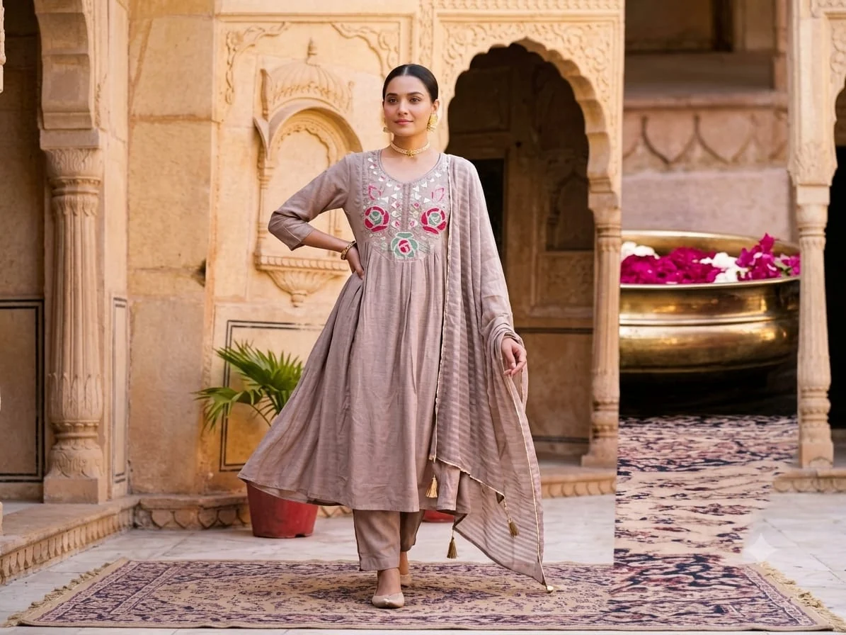 Rose Embroidered Flared Anarkali Set — Taupe front