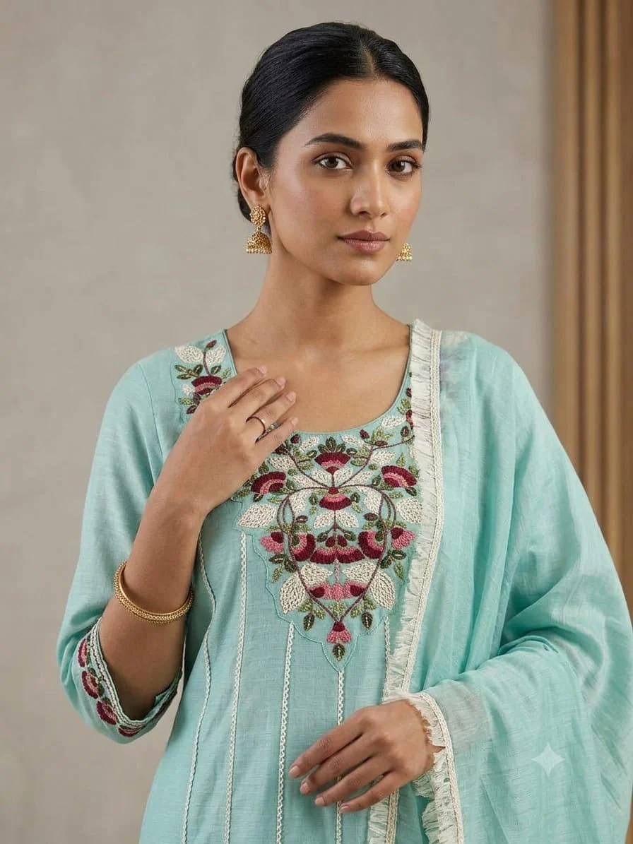 Seafoam Floral Neckline Mul Chanderi Suit — close-up