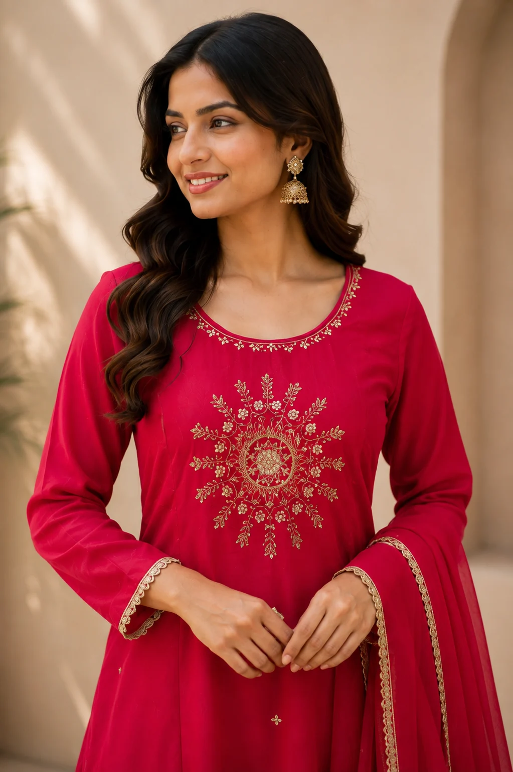 Sunburst Medallion Mul Chanderi A-Line Set — Rani Pink close-up